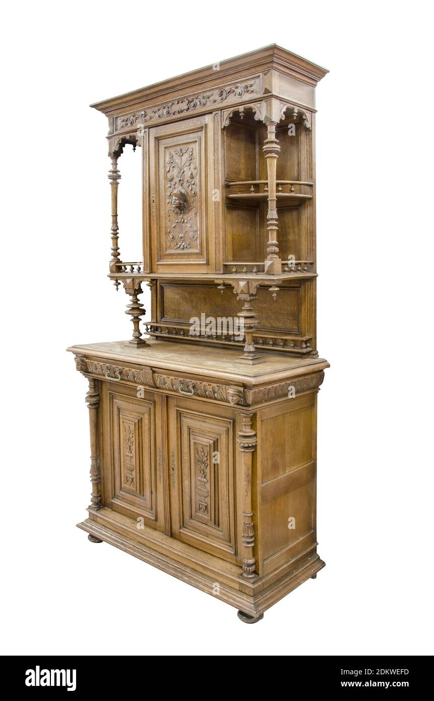 Antique  kitchen cupboard (display cabinet) of the end of 19th century on the white background. Stock Photo