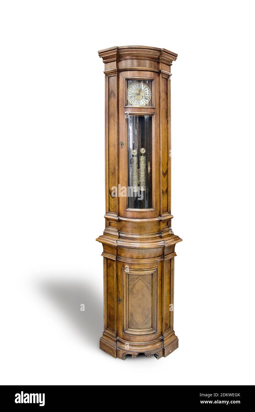 Antique drum head grandfather clock isolated on a white background