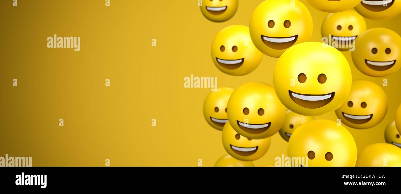 3d render of a large group of broad smile emoji smileys. Copy space - Web banner size. Stock Photo