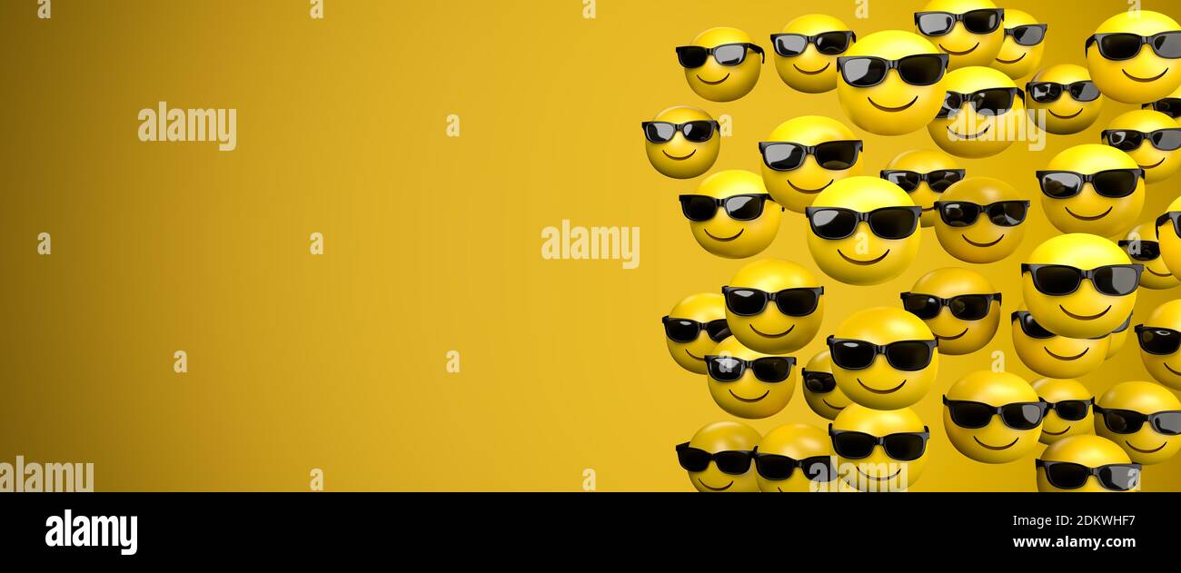 3d render of a large group of emoji smileys with a broad grin and sunglasses. Cool face. Copy space - Web banner size. Stock Photo