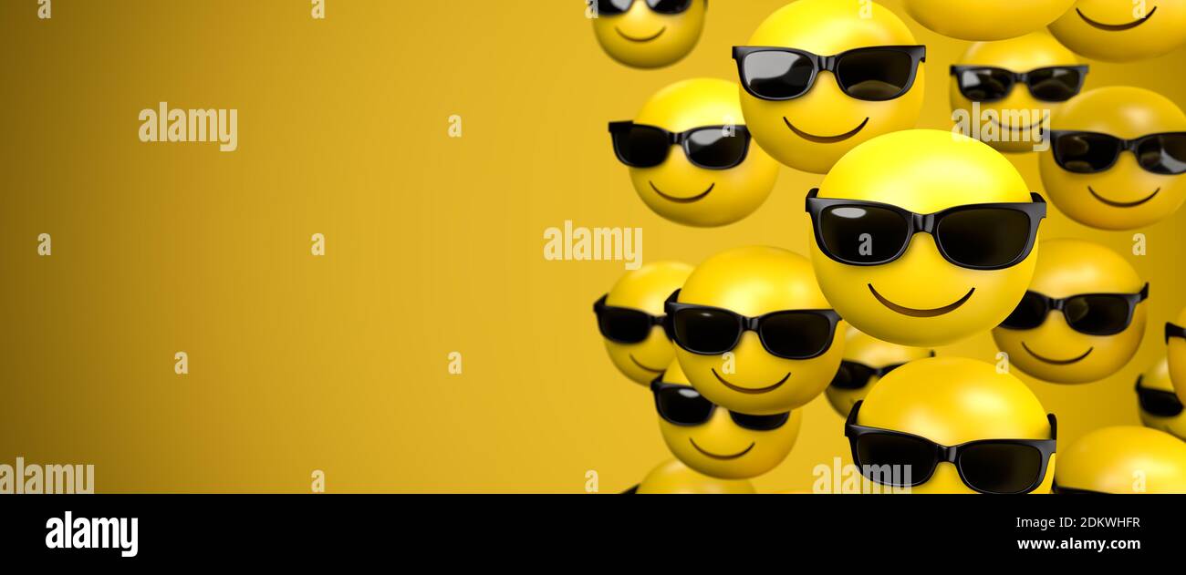 3d render of a large group of emoji smileys with a broad grin and sunglasses. Cool face. Copy space - Web banner size. Stock Photo
