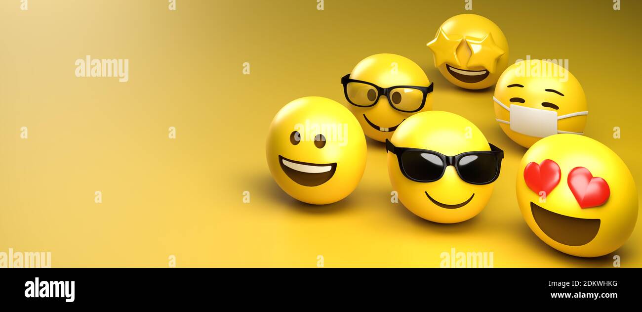 3d render of a set of six different face emoji smileys. Copy space - Web banner size. Stock Photo