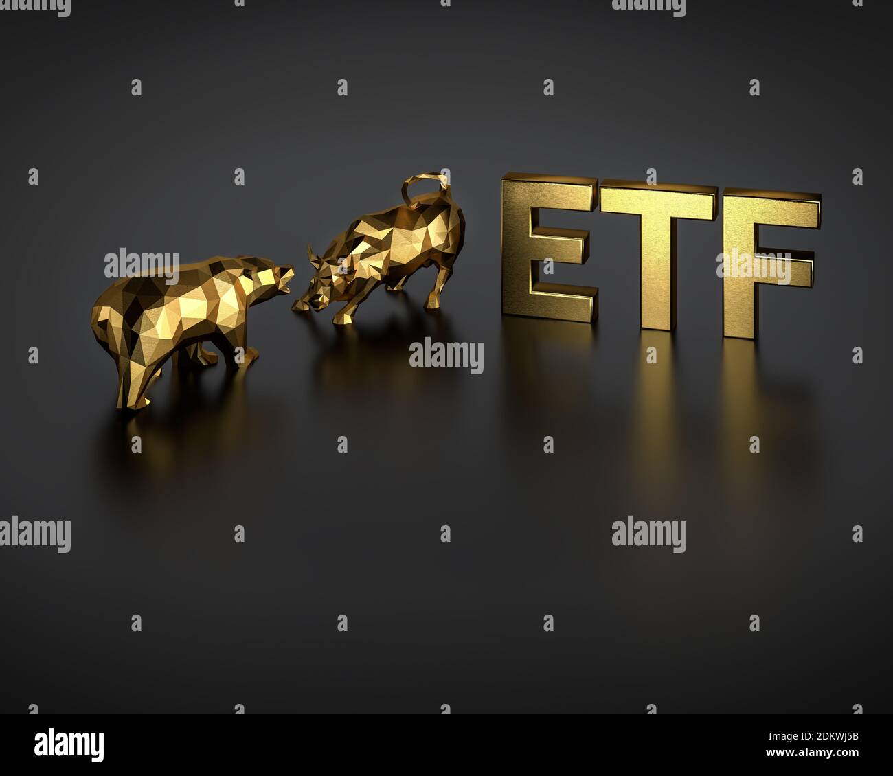 Exchange traded fund concept. A bull and bear besides the golden text ETF. Stock Photo