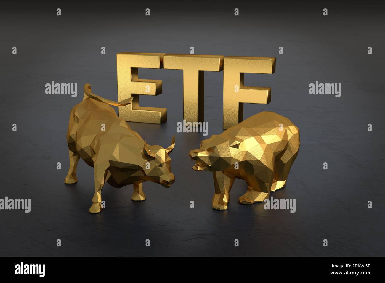 Exchange traded fund concept. A bull and bear in front of the golden text ETF. Stock Photo
