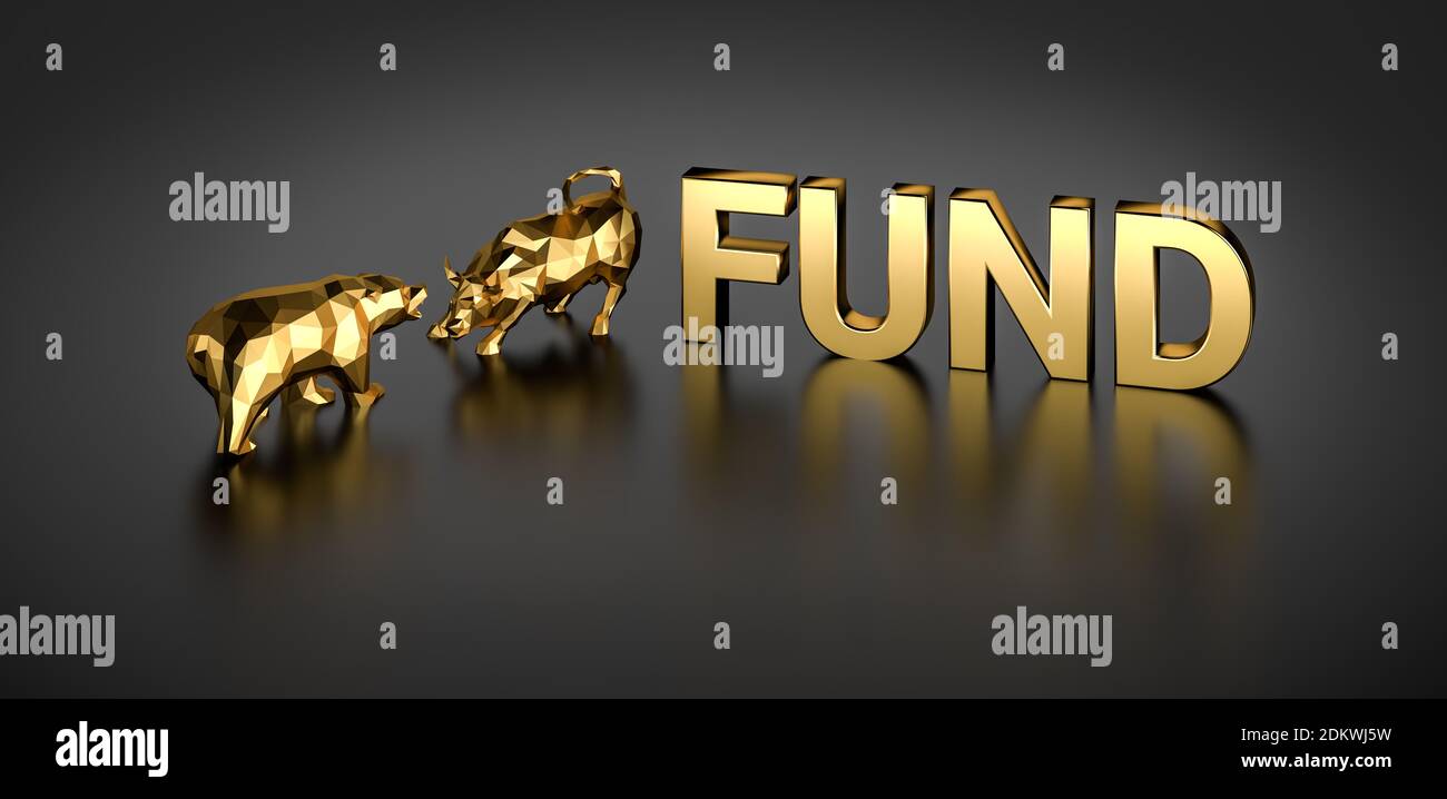 Financial Fund concept. A bull and bear besides the golden text Fund. Stock Photo