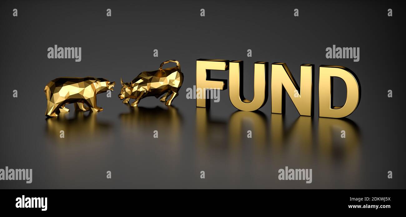 Financial Fund concept. A bull and bear besides the golden text Fund. Stock Photo