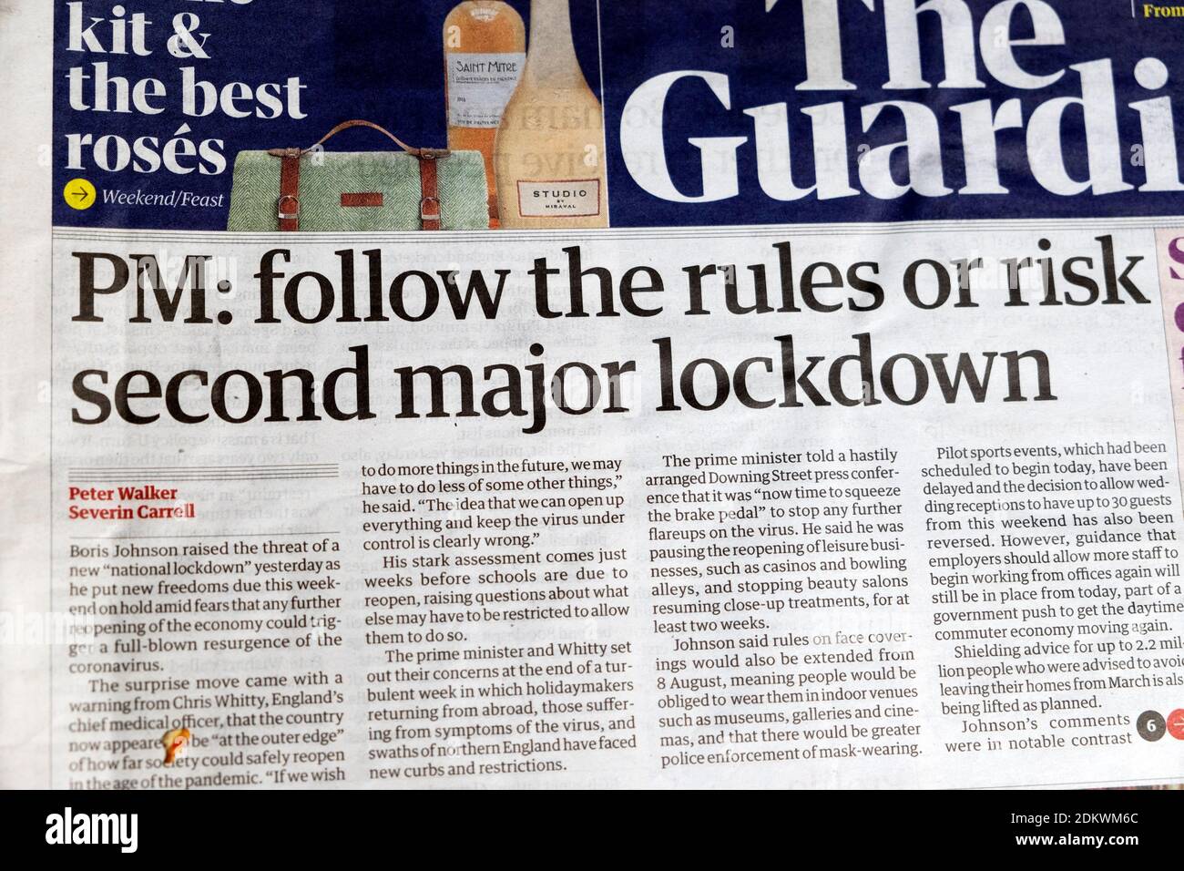 Boris Johnson 'PM: follow the rules or risk second major lockdown' Guardian newspaper front page second wave headline 22 September London England UK Stock Photo