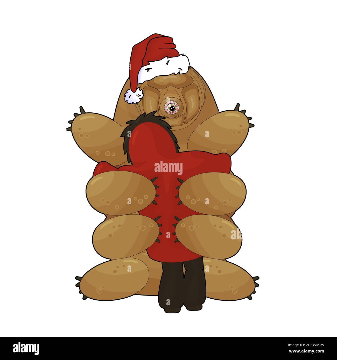 Happy Cartoon Tardigrade with Santa hat sits on the ground and gives a hug to a human in coat Stock Vector