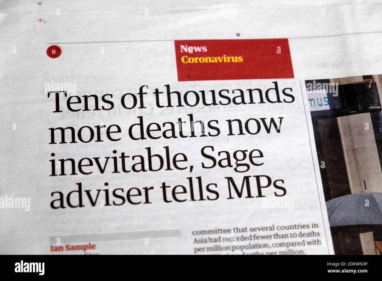 Coronavirus 'Tens of thousands more deaths inevitable, Sage adviser tells MPs' Covid second wave Guardian newspaper headline 21 October London UK 2020 Stock Photo