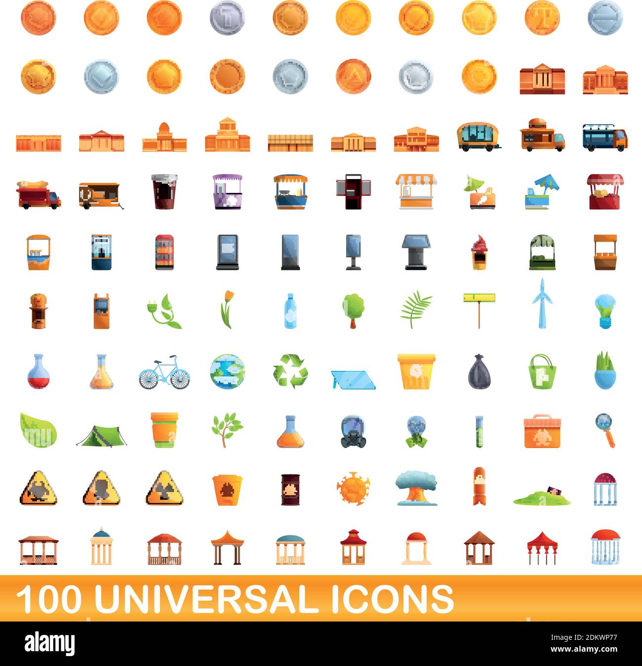 100 universal icons set. Cartoon illustration of 100 universal icons ...