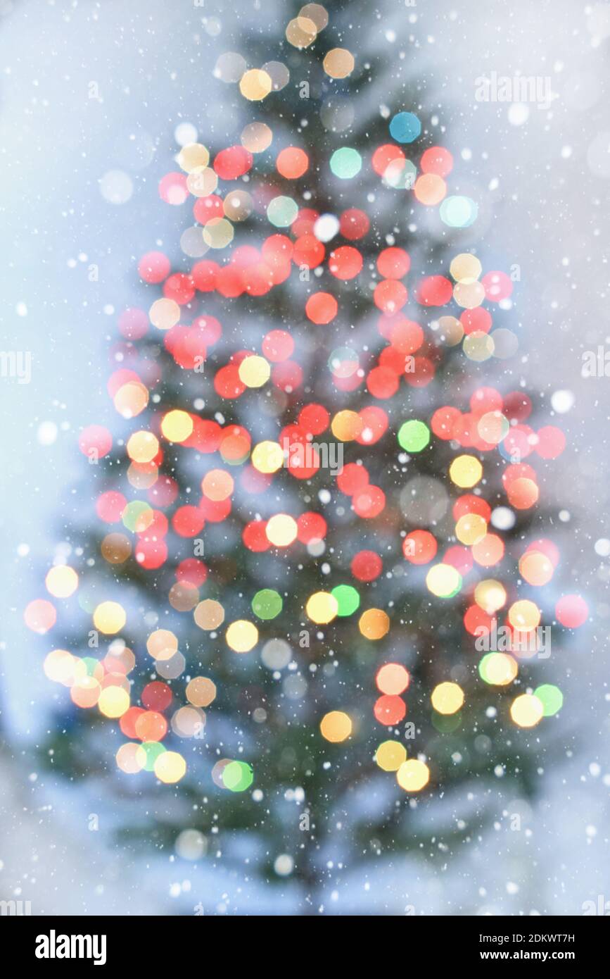 Blurred Christmas tree with colorful lights on white background with snowflakes around Stock Photo