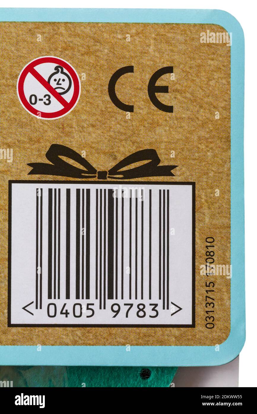 CE mark symbol marking logo with unsuitable for 0-3 symbol on packaging - not suitable for children under 36 months Stock Photo
