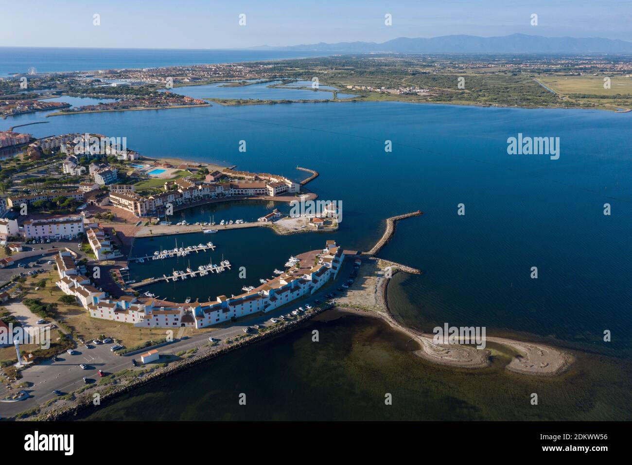 Le Barcares (south of France): aerial view of the “Cap Coudalere” Headland and the pond of Leucate Stock Photo