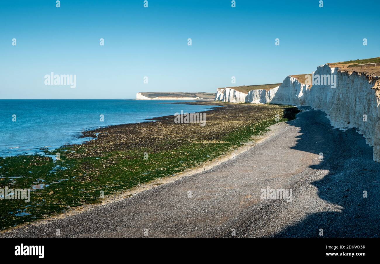 The Seven Sisters, Sussex, England. The white chalk cliffs marking the coastline where the South Downs meet the English Channel. Stock Photo