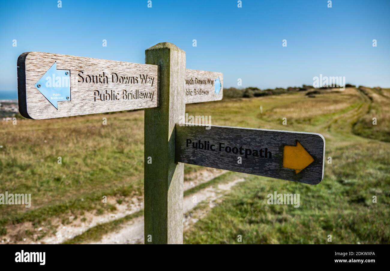 South Downs Way footpath sign. A sign giving directions on the 100 mile rural walking route between Winchester and Eastbourne in the south of England. Stock Photo