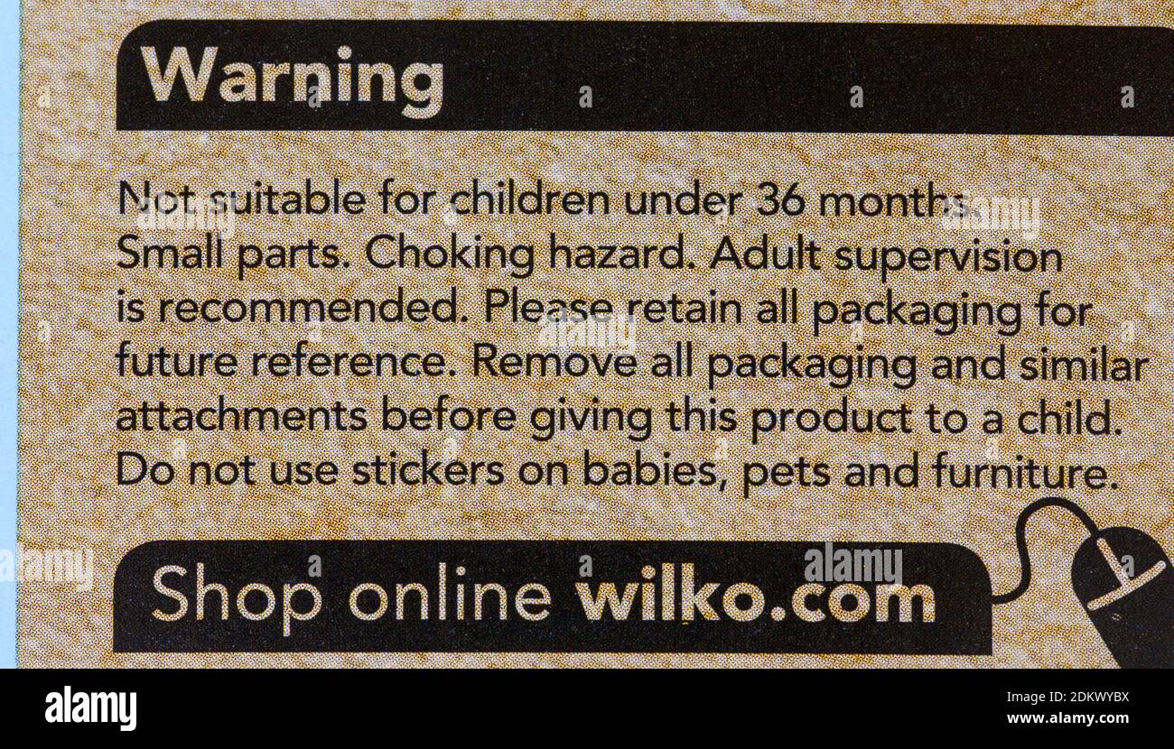 Warning message on packaging of Wilko Make your own festive masks kit Stock Photo