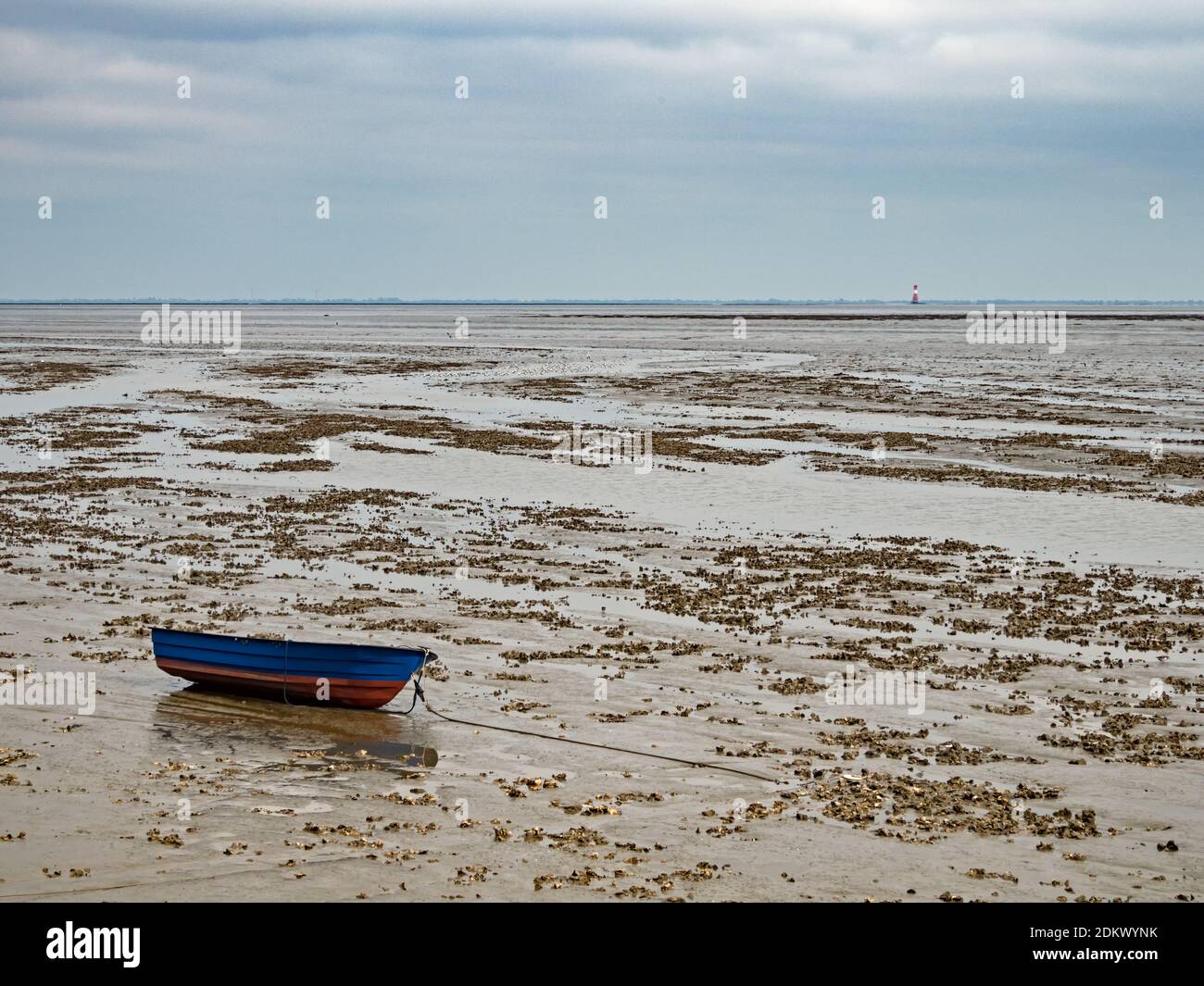 Fishing boat in the North Sea at low tide near city Wilhelmshaven, Wadden Sea National Park, Germany Stock Photo