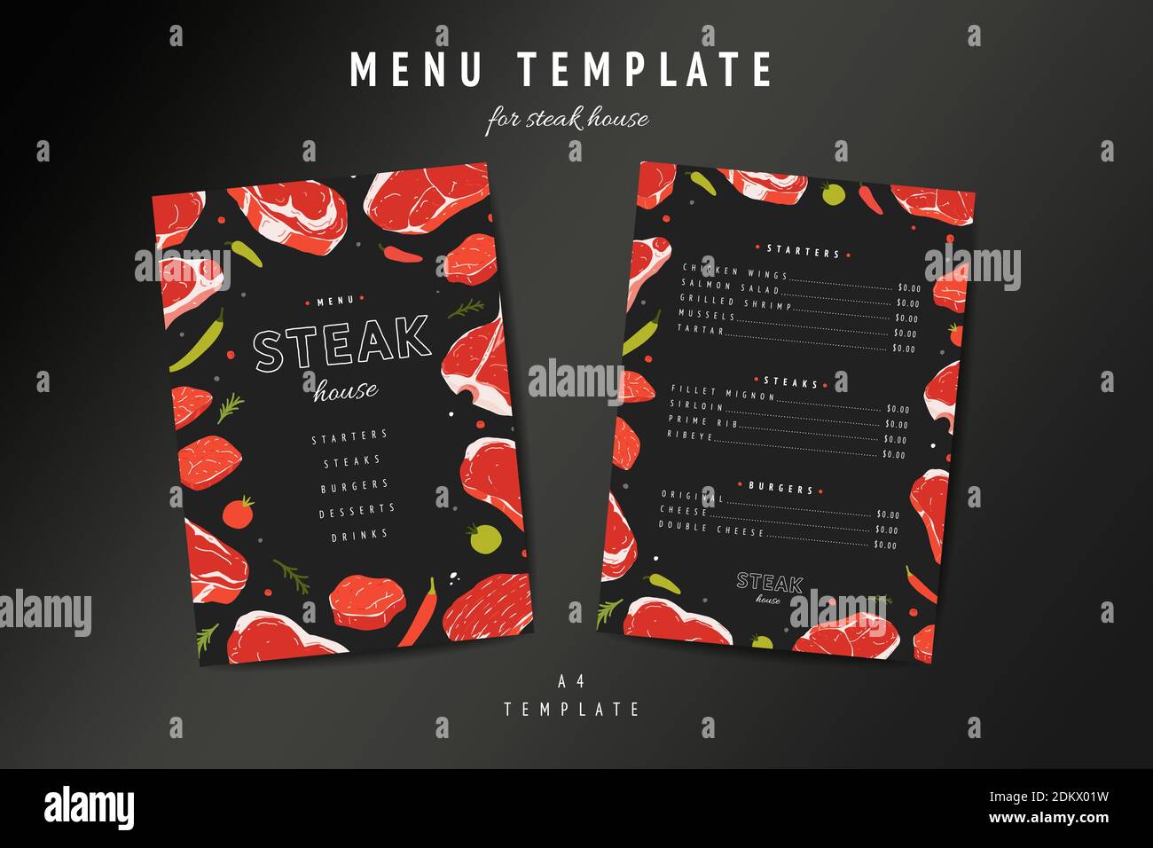 Steak house menu template, meat restaurant menu card design layout. Hand  drawn illustration of beefsteaks rib eye and t-bone on black background  Stock Vector Image & Art - Alamy