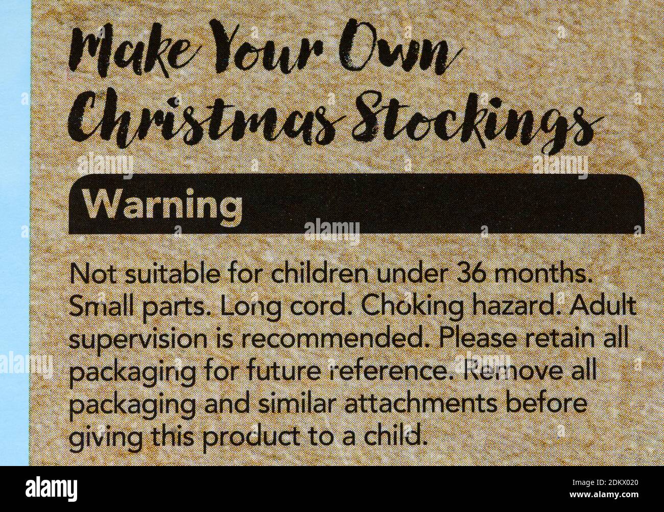 Warning message on packaging of Wilko Make your own Christmas Stockings Stock Photo