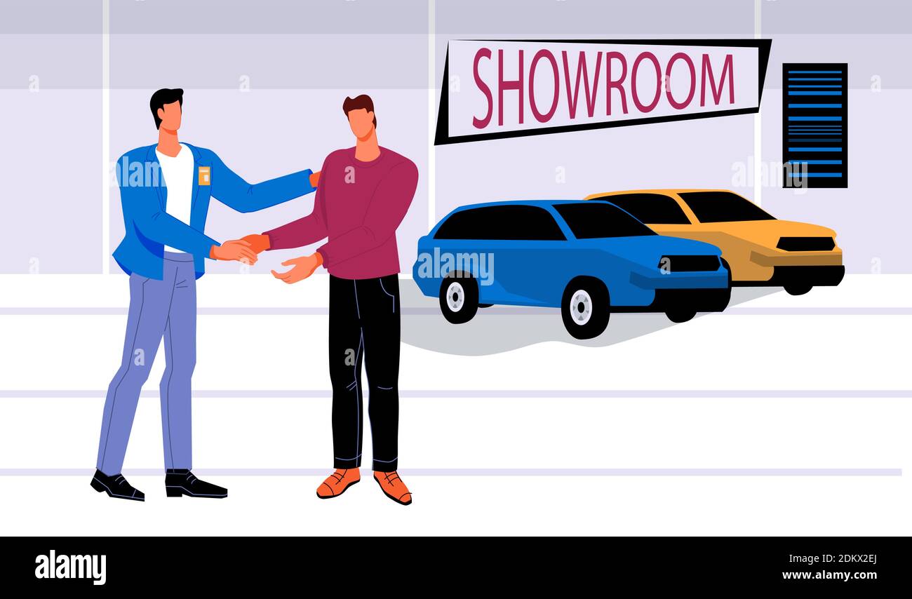 Buyer and car dealer in a car dealership, flat vector illustration. New car  purchase scene with cartoon people characters. Automobile sales and rent b  Stock Vector Image & Art - Alamy