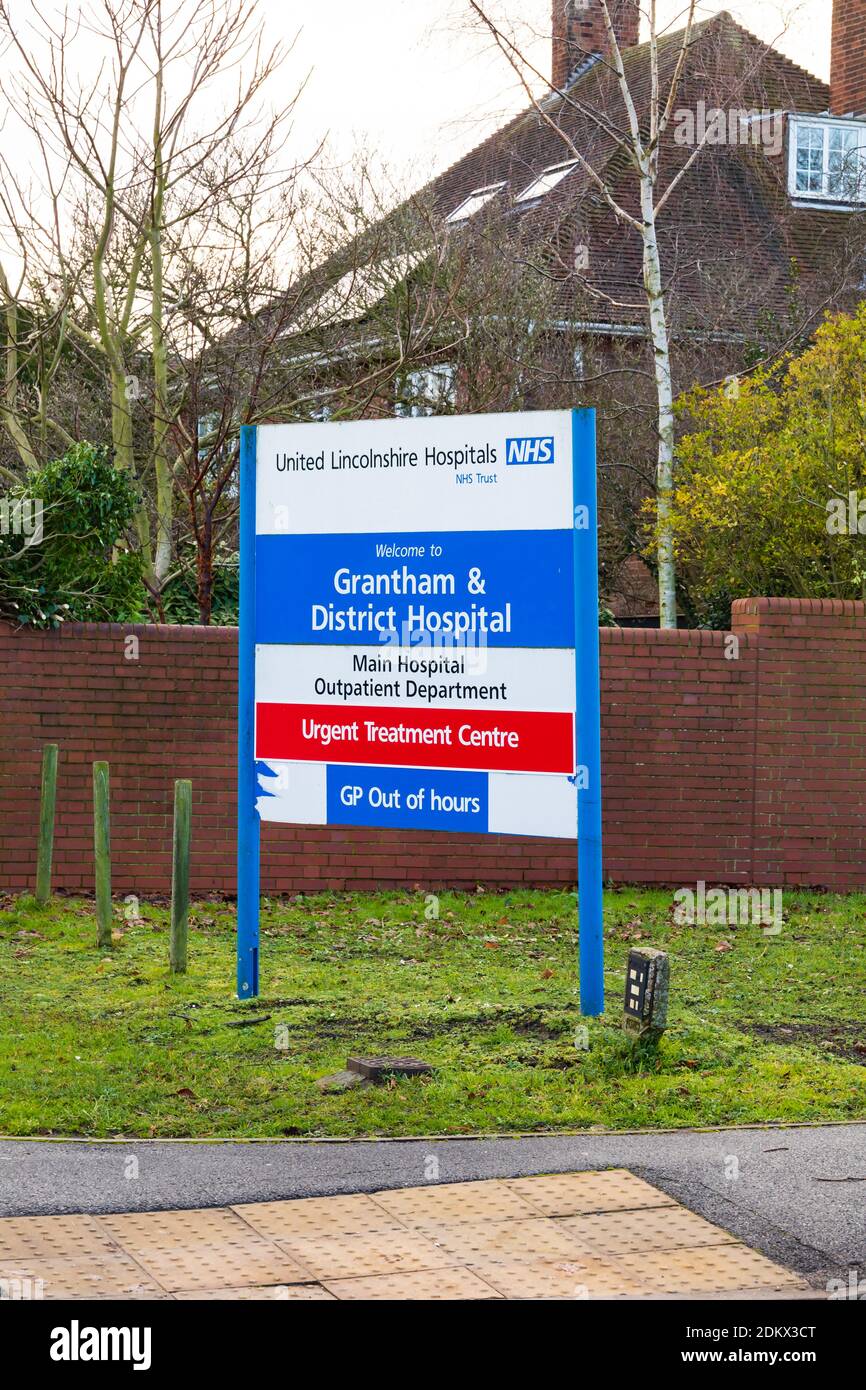 United Lincolnshire Hospitals, NHS Trust, Grantham and District Hospital entrance sign. Grantham, lincolnshire, England Stock Photo