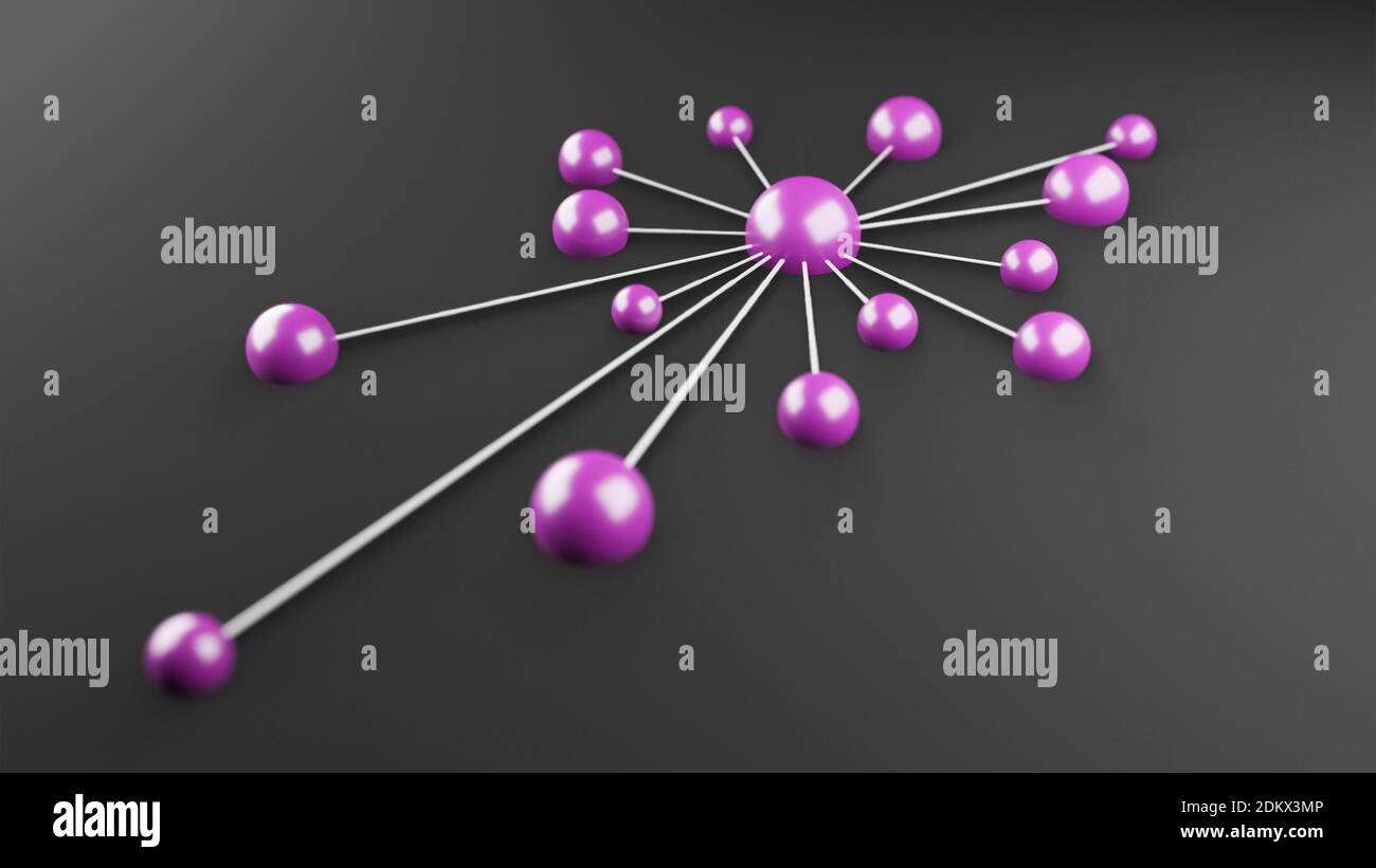 Network, connected purple spheres, globes, balls or orbs, connection