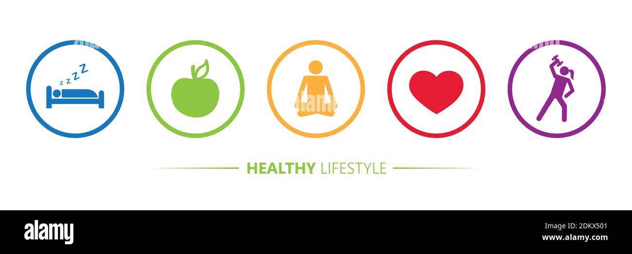 healthy lifestyle icons sleep apple yoga heart sport vector illustration EPS10 Stock Vector