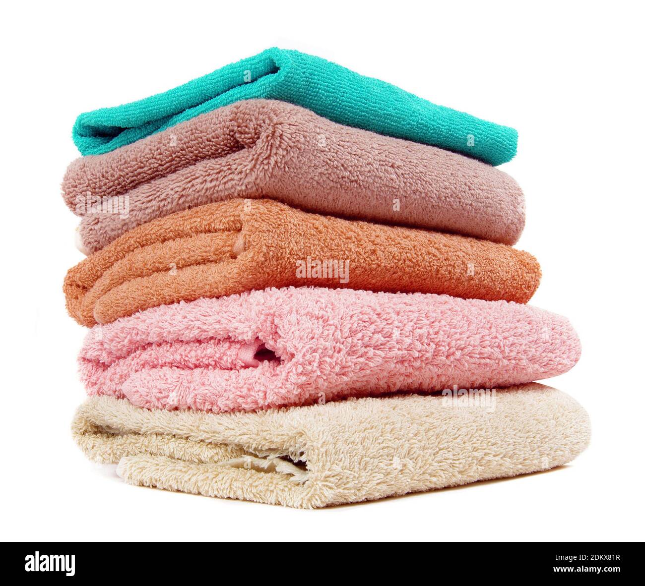 Stack Of Colorful Towels Against White Background Stock Photo - Alamy