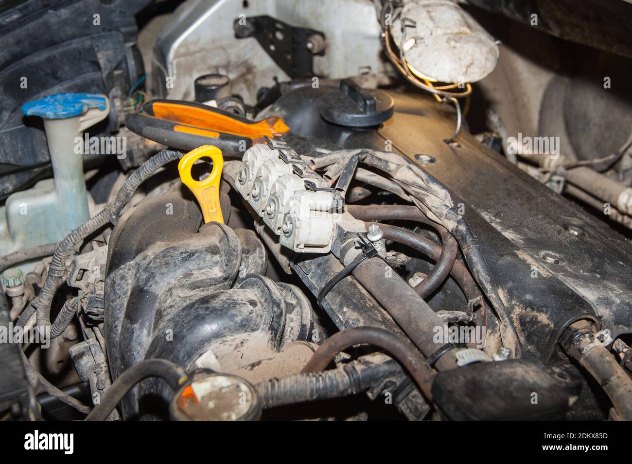 Diagnostics and repair of the car engine in the repair service Stock Photo