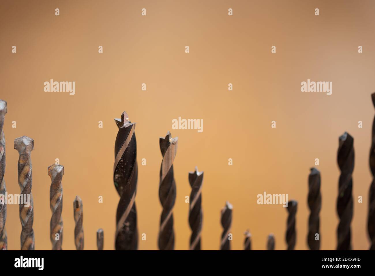 Detail of set of various drills in different sizes for wood, iron and