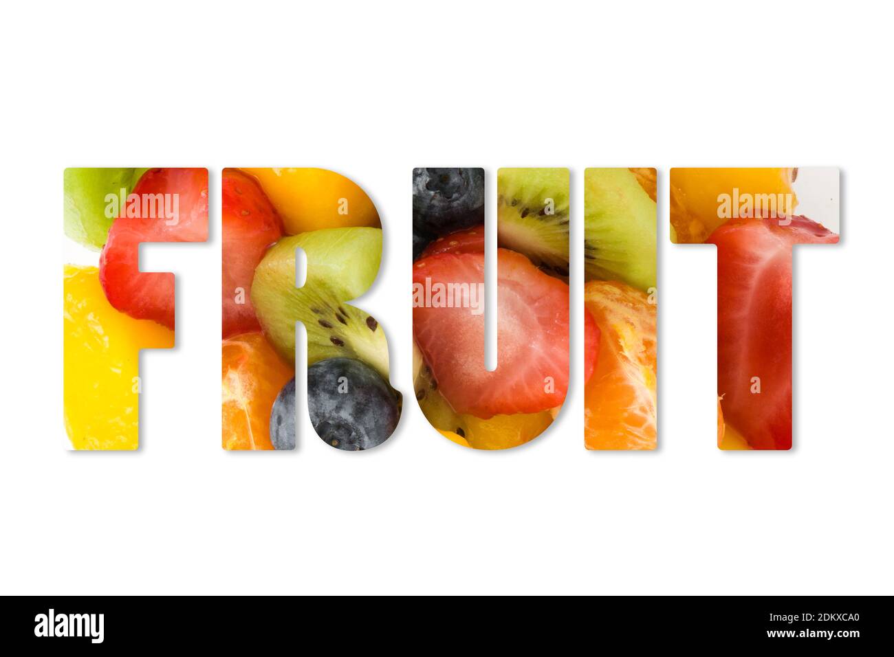 The word FRUIT composite with different types of fruit photo inside, on