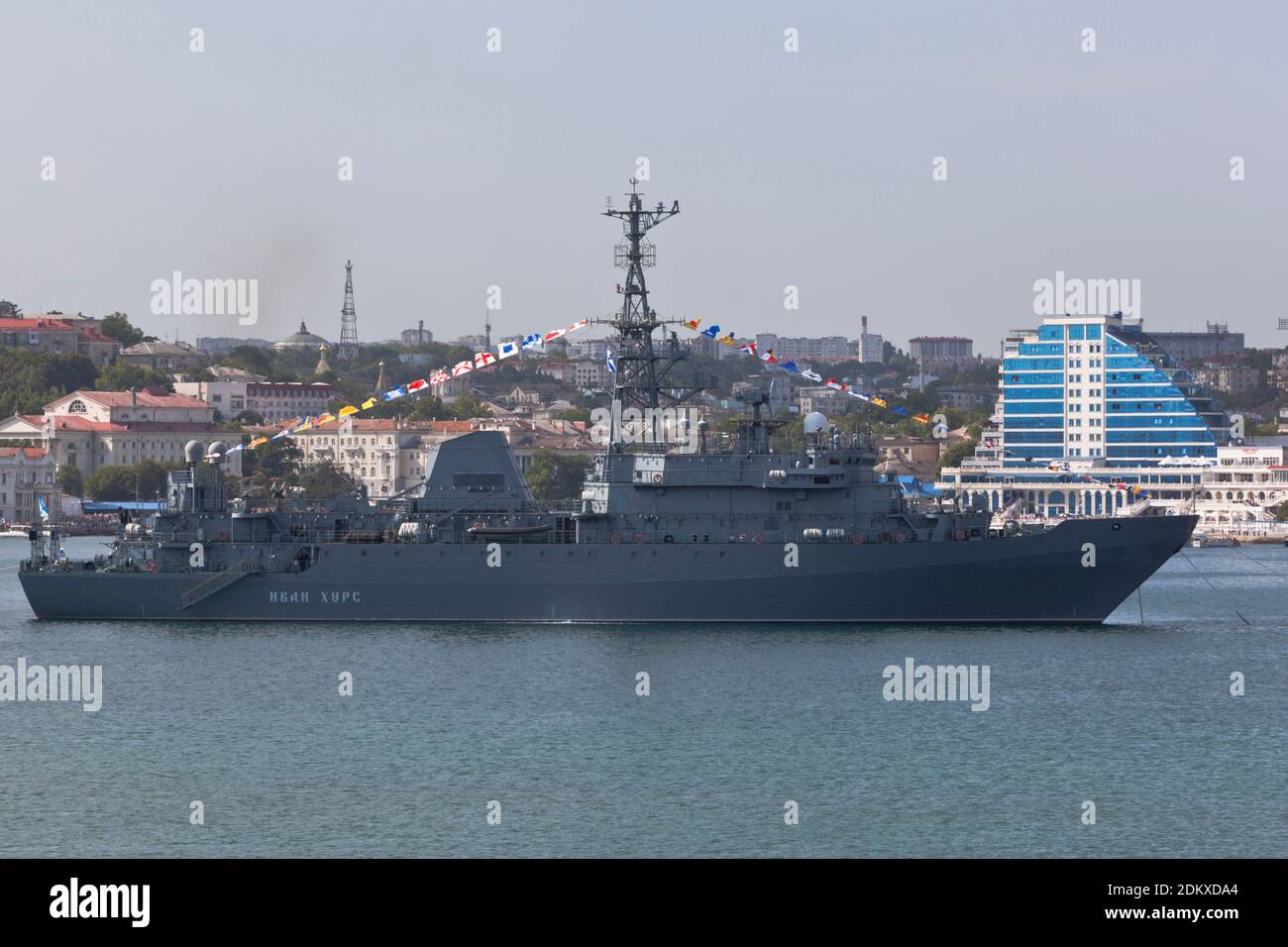 Sevastopol, Crimea, Russia - July 26, 2020: The reconnaissance ship Ivan Khurs at the parade in honor of the Day of the Navy against the background of Stock Photo