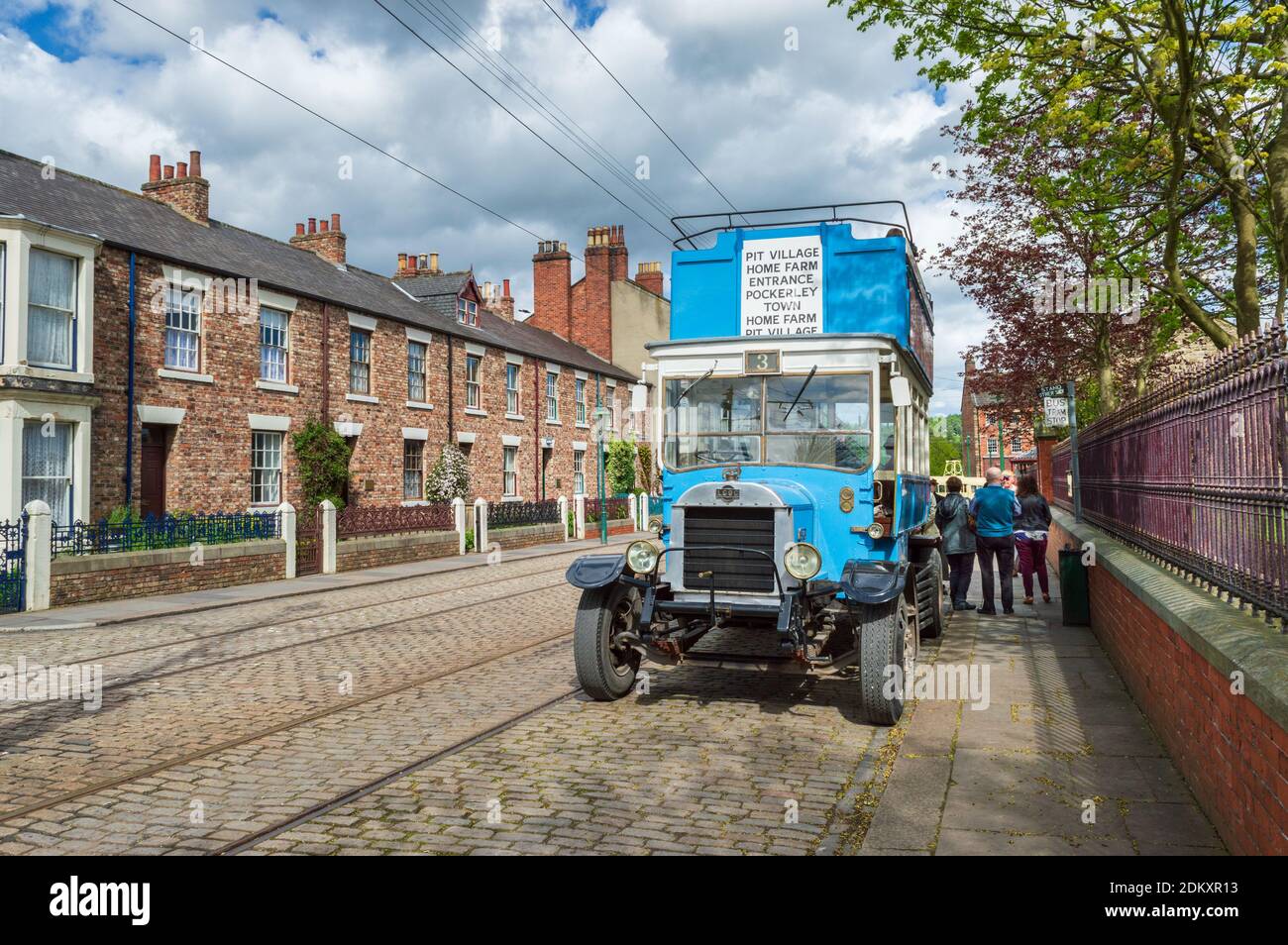 Vintage B Type Bus on cobbled street in the Edwardian village at Beamish Open Air Museum Stock Photo