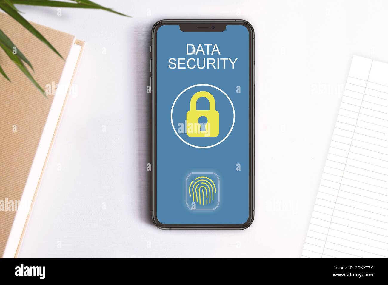 Mobile screen showing a lock icon and a fingerprint security system. Data security concept. Stock Photo