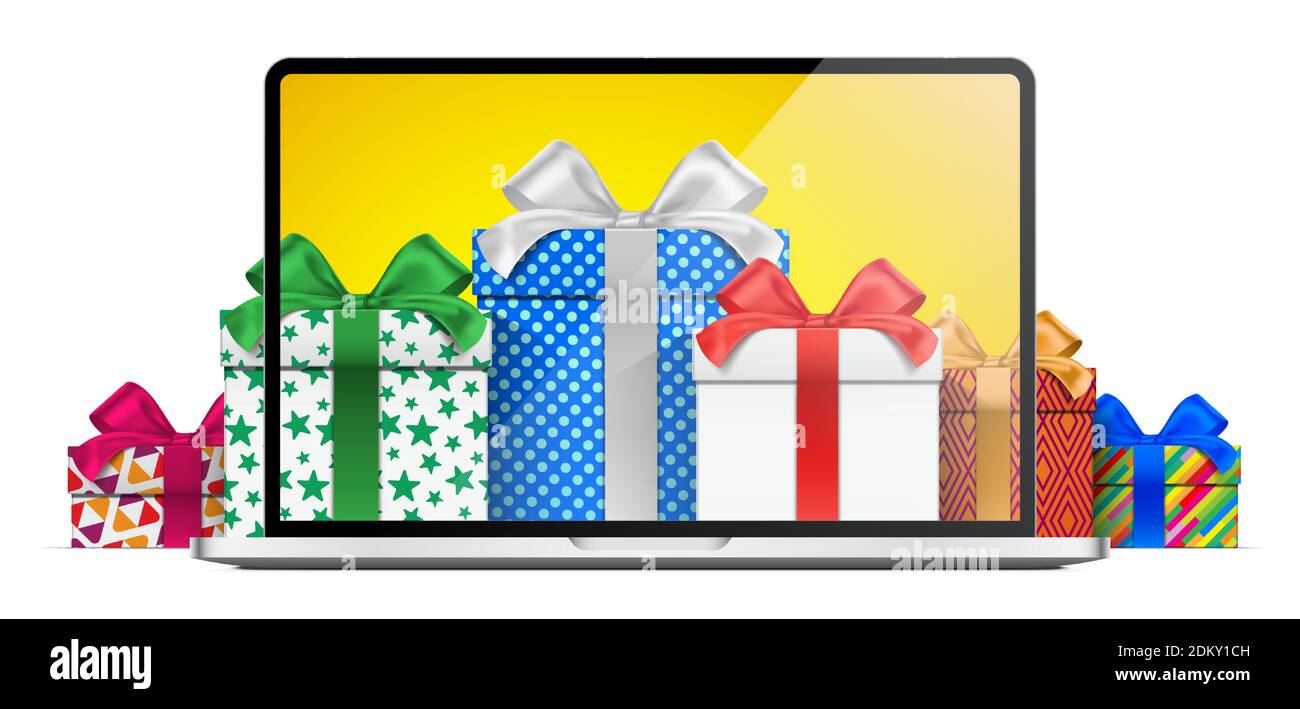 Online Shopping Concept With A Laptop And Gift Boxes Covered With Colorful Wrapping Papers Vector Illustration For Holiday Shopping Design Decoration Isolated On The White Background Stock Vector Image Art