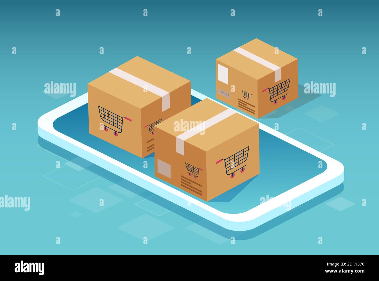 Vector of a smartphone and cardboard boxes with a shopping cart symbol Stock Vector