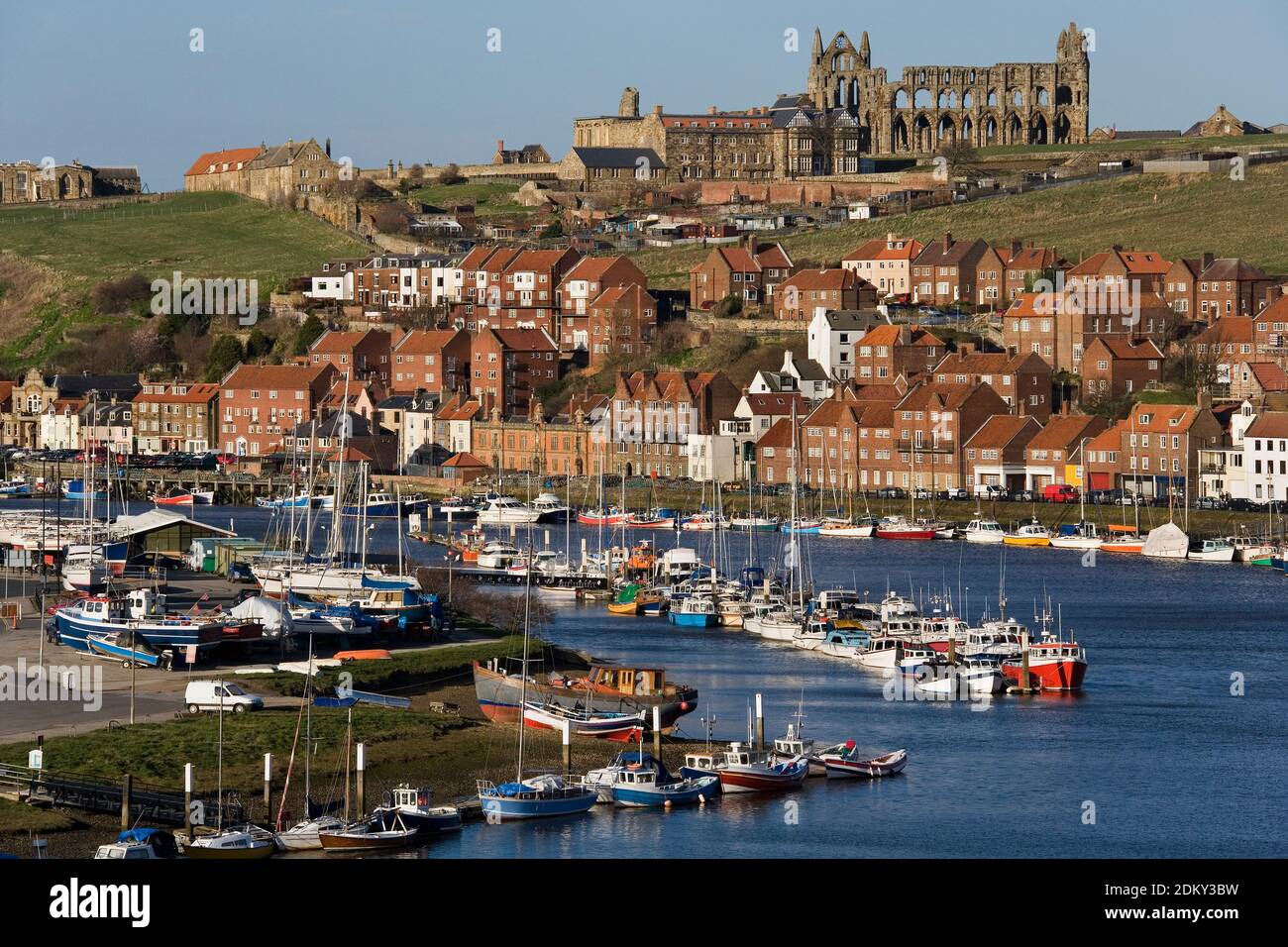 The Ruins Of Whitby Abbey Above The Town And Harbor Of Whitby On The 