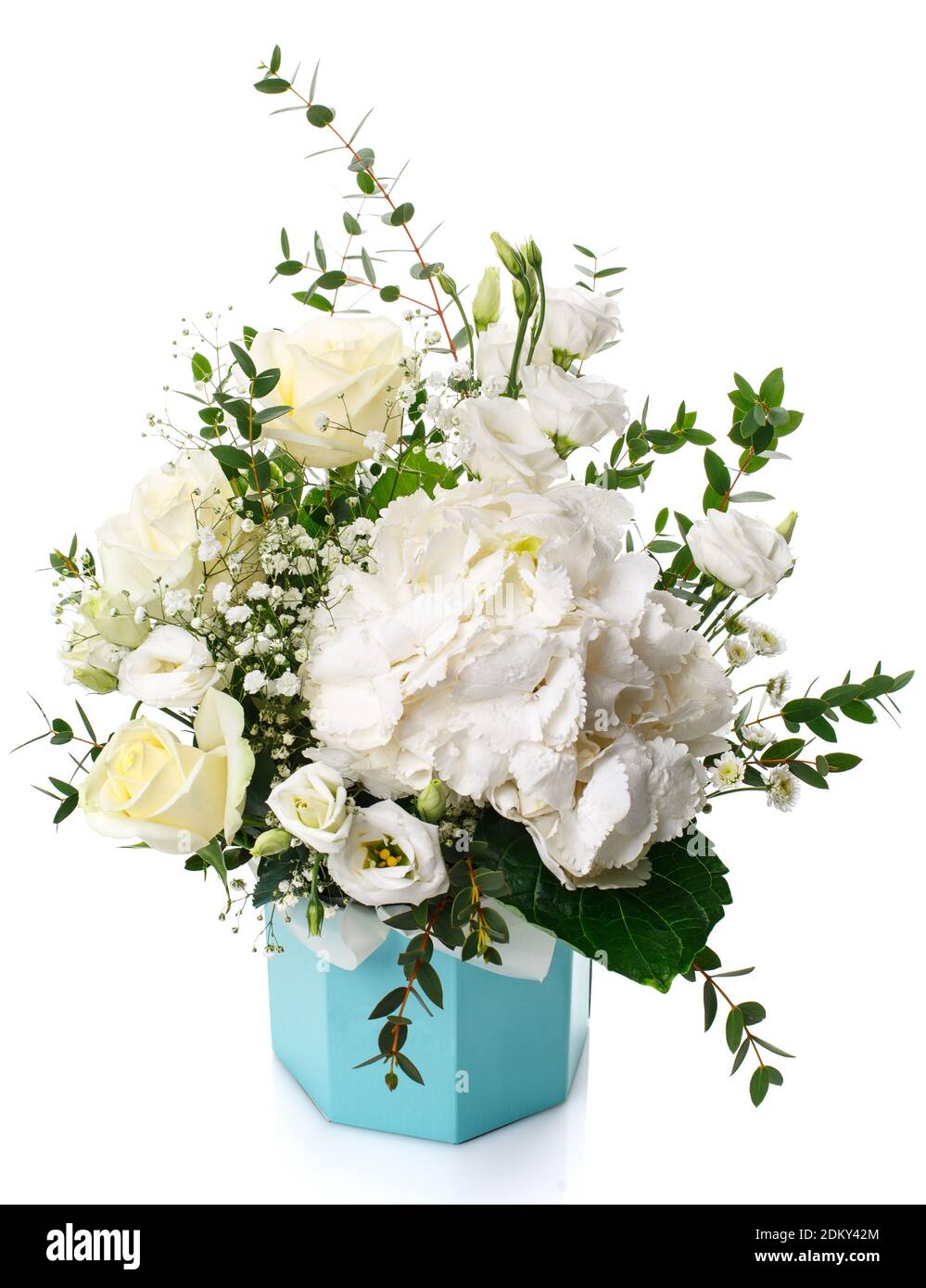 Luxurious flower arrangement with white roses, eucalyptus and white