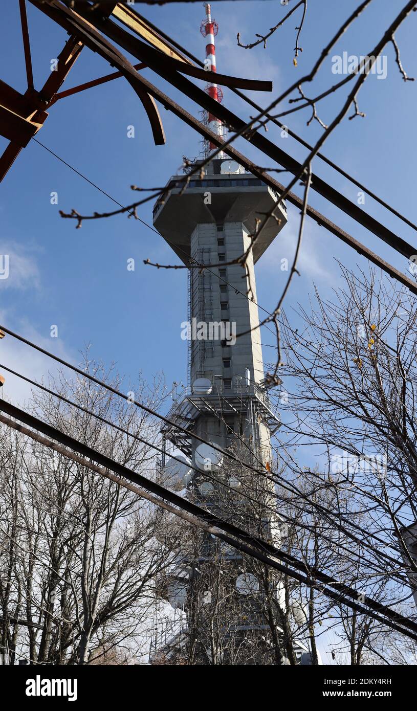 Telecommunication tower with antennas. Vitosha Mountain TV Tower, known as Kopitoto tower above Sofia, Bulgaria. Stock Photo