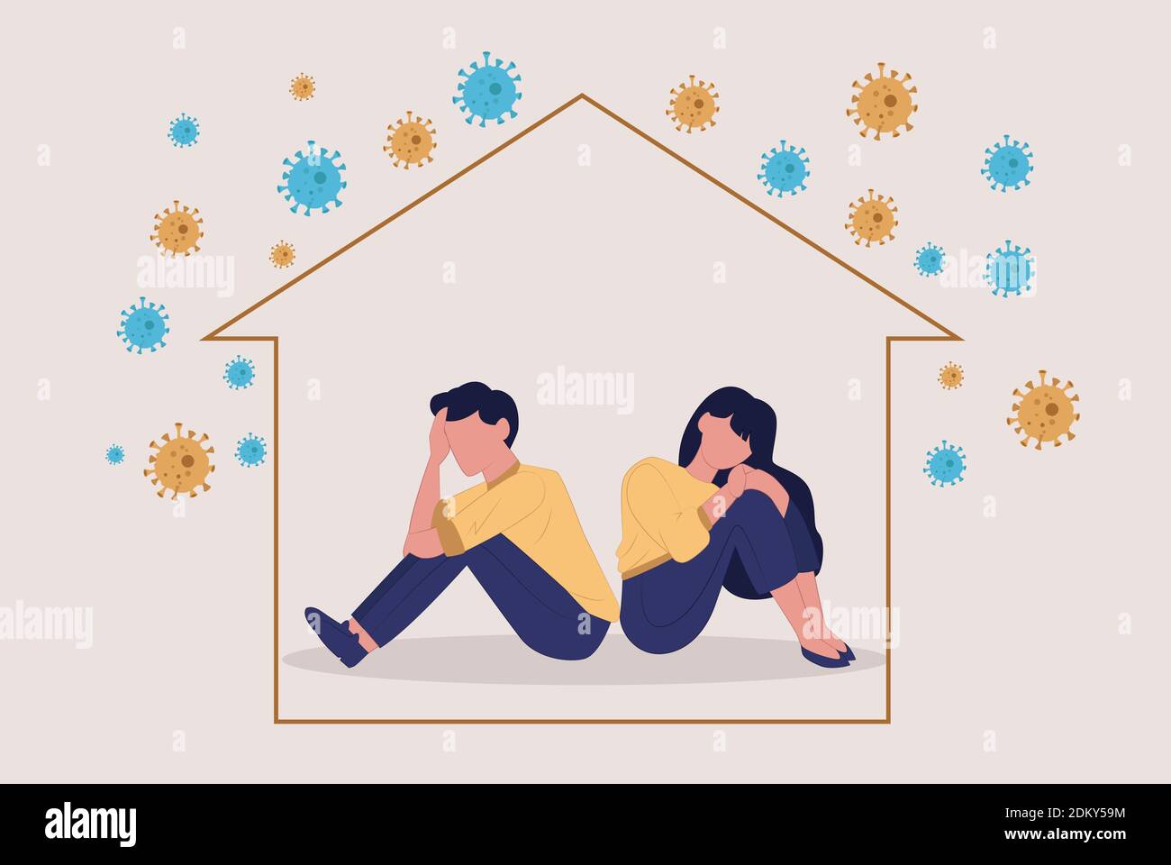 Vector of a sad unhappy depressed couple man and woman sitting back to back inside a house during COVID-19 pandemic Stock Vector