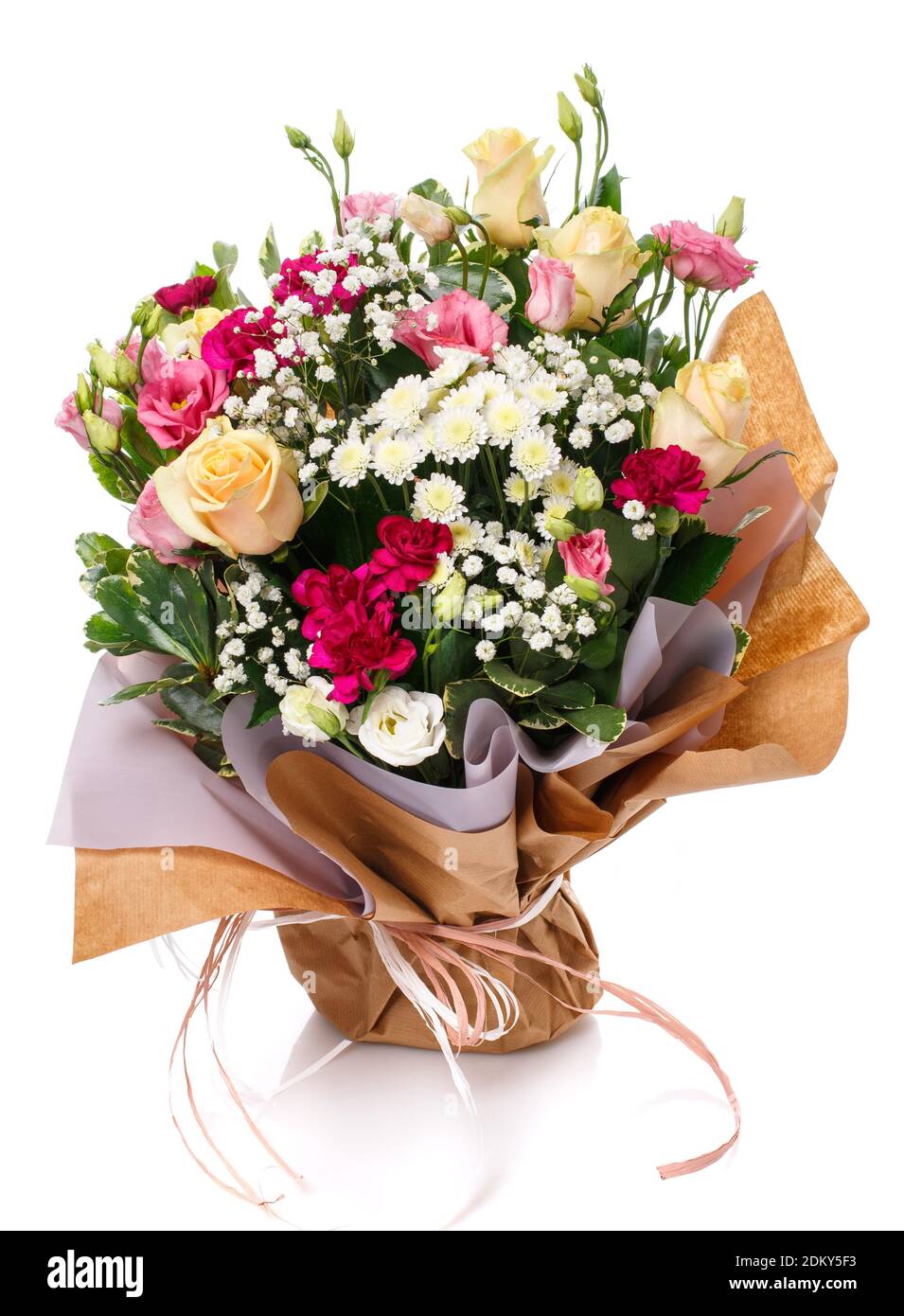 Large bouquet of different kinds of colored flowers isolated on a white
