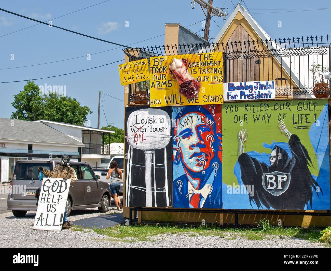 Lafourche Parish, LA - JULY 29, 2010: Corner Grocery Store in Lafourche Parish with signs protesting the BP oil spill and government response Stock Photo