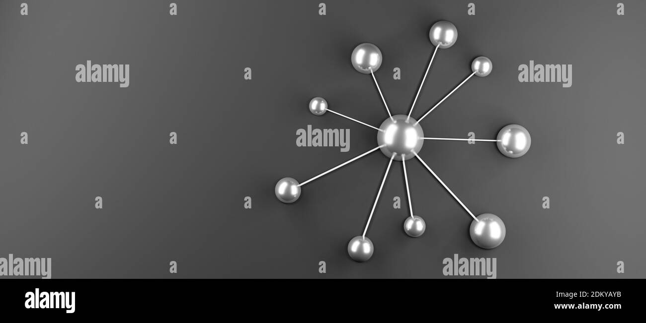 Network, connected silver spheres, globes, balls or orbs, connection, conceptual teamwork wallpaper, white background, 3d cgi render illustration Stock Photo