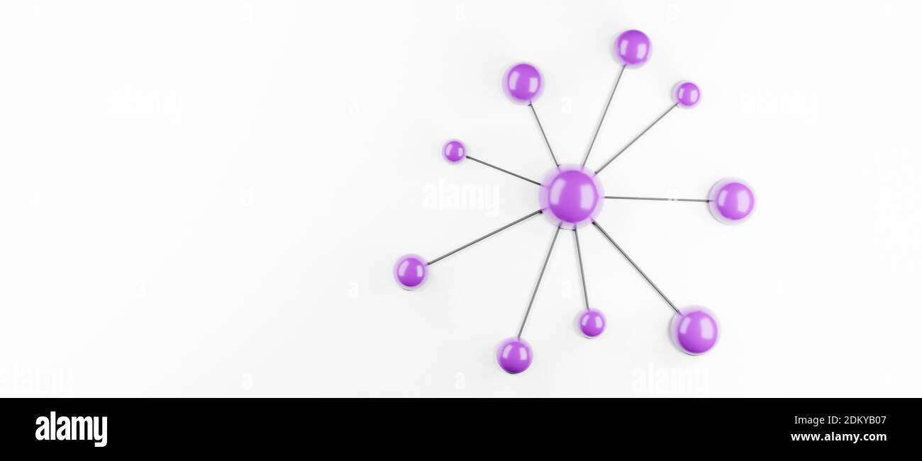 Network, connected purple spheres, globes, balls or orbs, connection