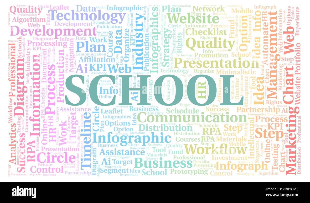 School typography word cloud create with text only. Stock Photo