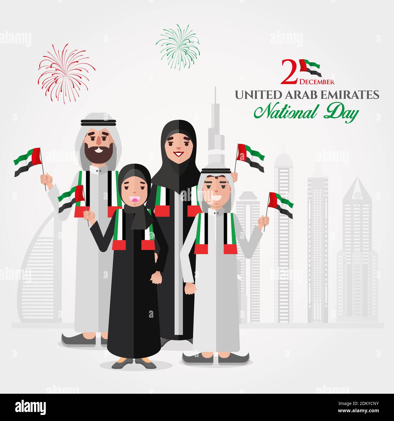 UAE national Day greeting card. Cartoon Emirati family holding UAE national  flag celebrating United Arab Emirates National Day. vector illustration fo  Stock Vector Image & Art - Alamy
