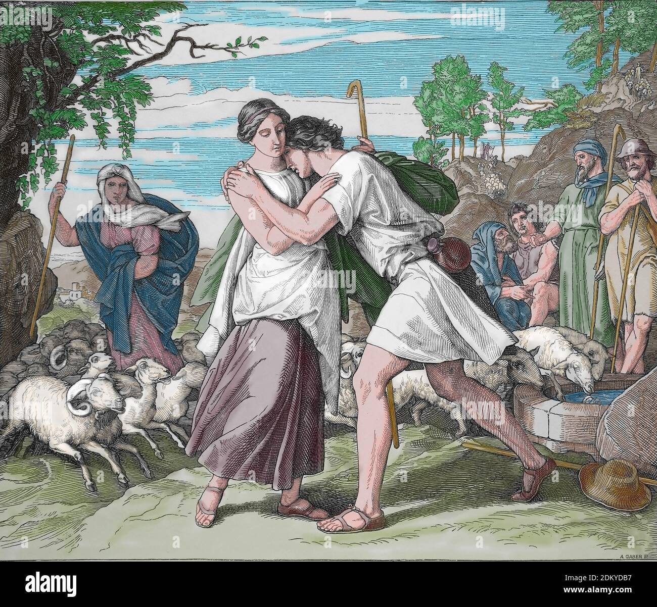 Old Testament. Jacob and Rachel at the well. Genesis. Chaper 29. Engraving by Julios Schorr von Carolsfeld (1794-1872). Later colouration. Stock Photo