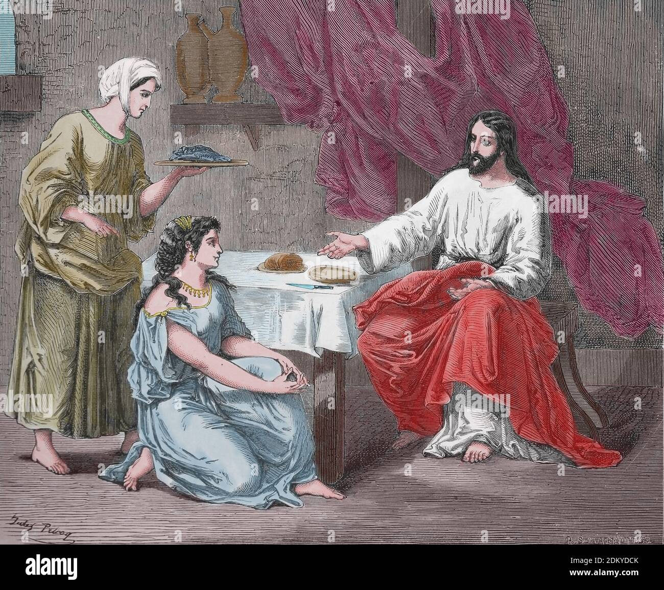 Old Testament. Jesus at the home of Martha and Mary. Luke Gospel.  Engraving, 19th century. Later colouration Stock Photo
