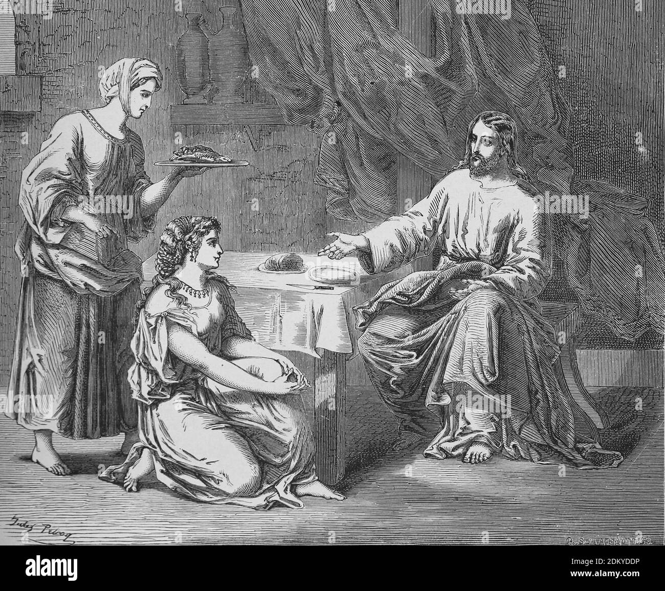 Old Testament. Jesus at the home of Martha and Mary. Luke Gospel.  Engraving, 19th century. Stock Photo