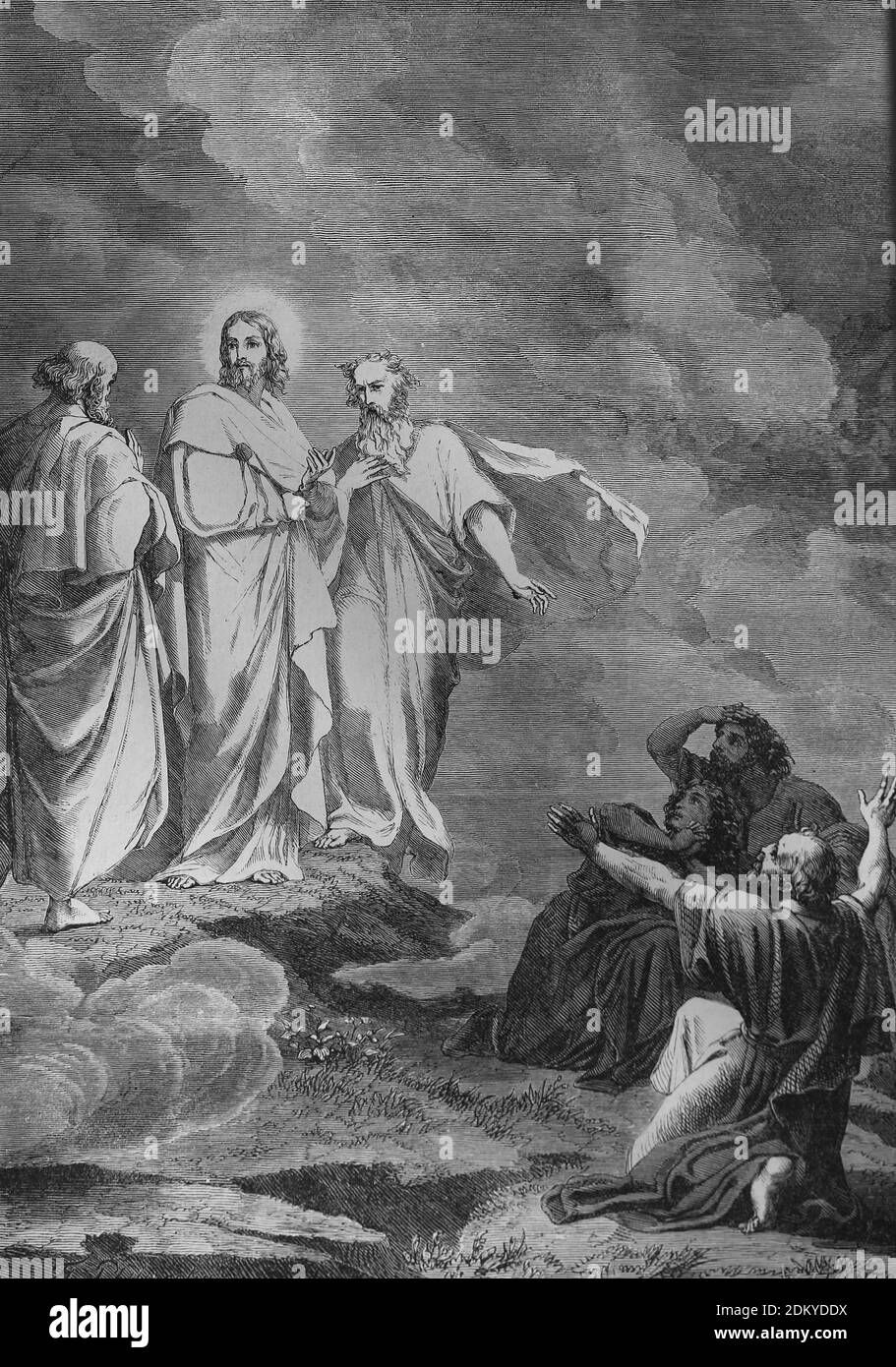 New Testament. Tranfiguration of Jesus. Jesus, Peter, James, John and prophets Moses and Elijah. Engraving, 19th century. Stock Photo